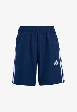 Bermudas deportivas en color marino con cintura elástica, que presentan franjas laterales blancas, textura suave y un logo de adidas en la parte inferior izquierda.