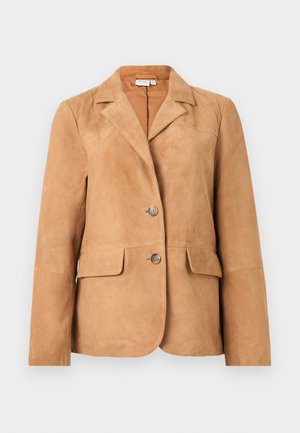 Light brown suede blazer with two buttons, notch lapel collar, long sleeves, and front flap pockets.