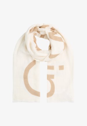 Slim sciarpa in crema realizzata in tessuto morbido, con grandi motivi grafici color beige e bordi frangiati per un effetto texture.