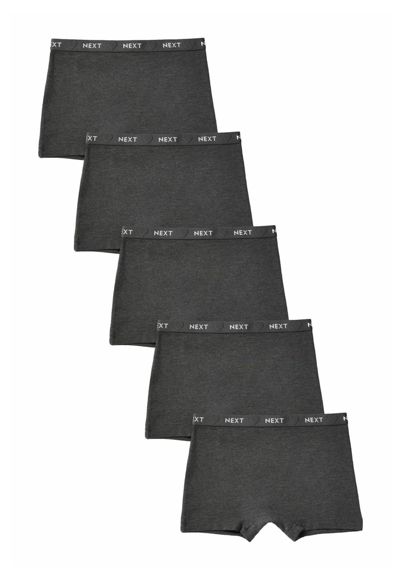Cinq paires de boxers en coton gris foncé avec une taille élastique noire portant la marque 'NEXT' en blanc.