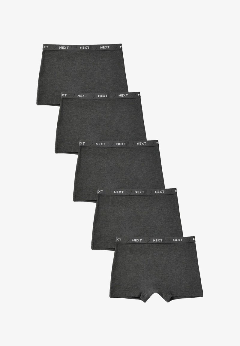 Pięć par ciemnoszarych bawełnianych bokserów z czarnym elastycznym pasem z logotypem 'NEXT' w białym kolorze.