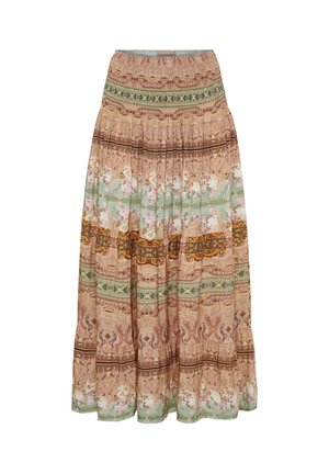 Lang multi-lags nederdel med blomster- og paisleymønstre i beige, grøn, brun og pink, med en smocket talje.