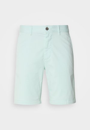 Šviesiai mėtų žalios spalvos medvilniniai šortai su užtrauktuku, mygtuko uždarymu ir šoniniais kišenėmis. Lygus paviršius su kasdieniu dizainu.