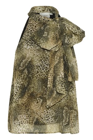 Sleeveless top featuring a snake print pattern in shades of green and beige, with a large tied bow at the neck and ruffled accents.