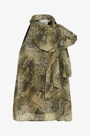 Ülita ilma varrukat, mis on kaunistatud rohelise ja beeži toonides madude mustriga, suur siti bows kaela juures ja volangakujulised accents.