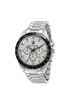 Orologio da polso Maserati in acciaio inossidabile argento con lunetta nera, tre sub-quadranti, finestra della data e marcature tachimetriche, con cinturino metallico a maglie.