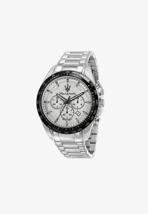 Orologio da polso Maserati in acciaio inossidabile argento con lunetta nera, tre sub-quadranti, finestra della data e marcature tachimetriche, con cinturino metallico a maglie.