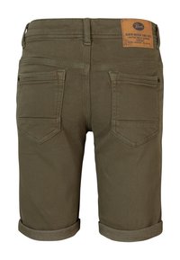 Olivové šortky vyrobené z bavlny, s ohrnutým lemem, dvěma zadními kapsami s texturovanými akcenty a koženou nášivkou na pase.