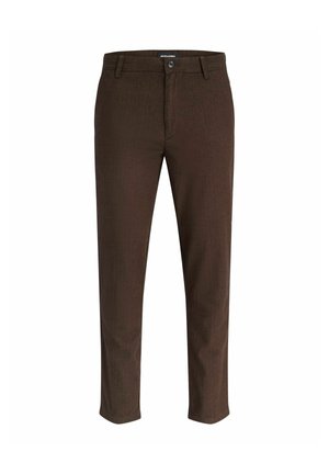 Pantalon marron droit pour homme avec fermeture par bouton et fermeture éclair, passants de ceinture et poches latérales.