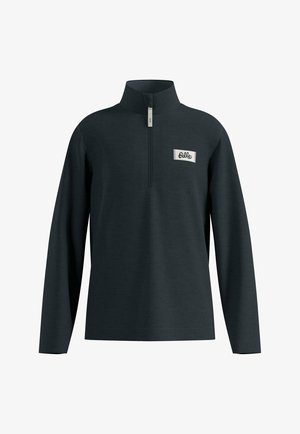 Zwarte long-sleeve pullover met een hoge hals. Het heeft een kwart-rits aan de voorkant en een klein merklabel op de linkerborst. Textuurstof.