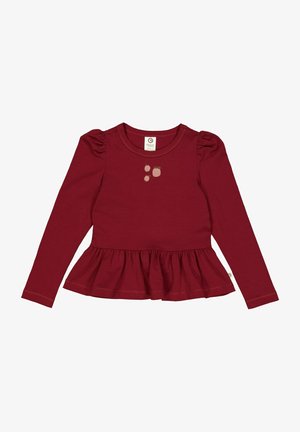Langarm, bordeauxrood bovenstuk gemaakt van zachte stof. Heeft een gerimpelde zoom en een klein appelprintje op de borst.