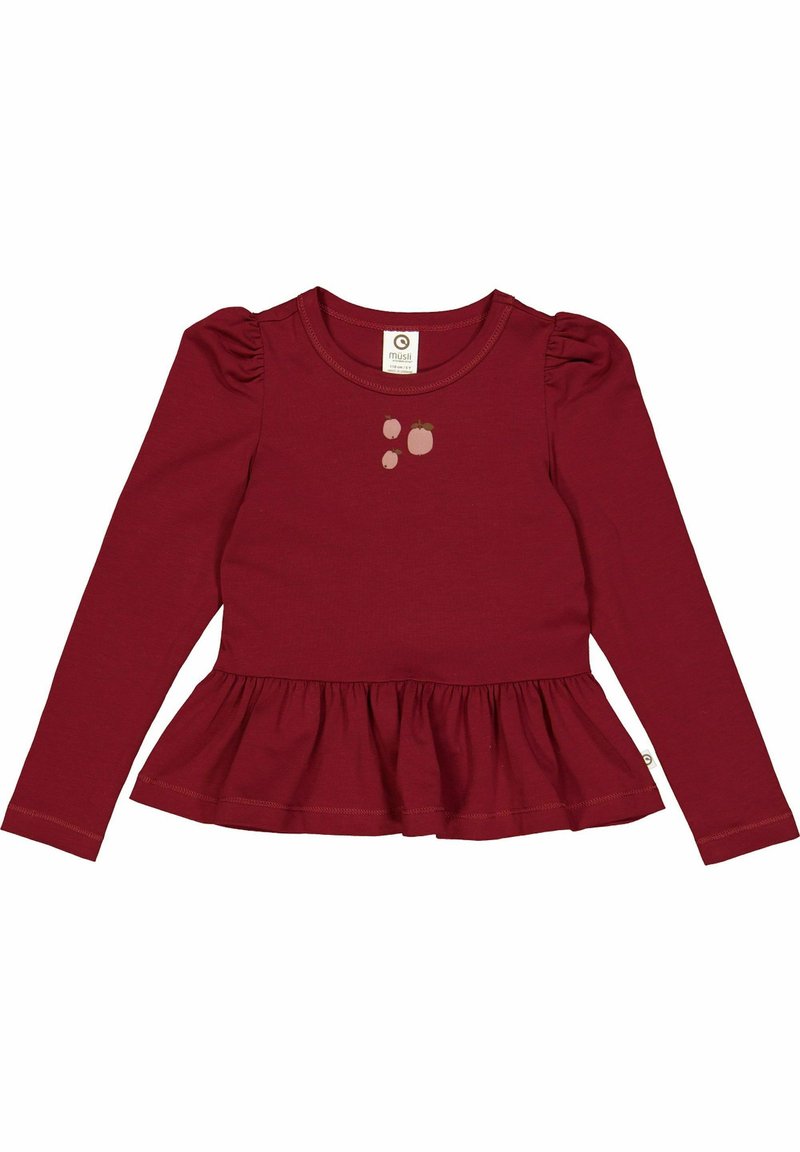 Burgundowa bluzka z długim rękawem, wykonana z miękkiego materiału. Posiada falbaniasty dół i mały nadruk jabłka na klatce piersiowej.