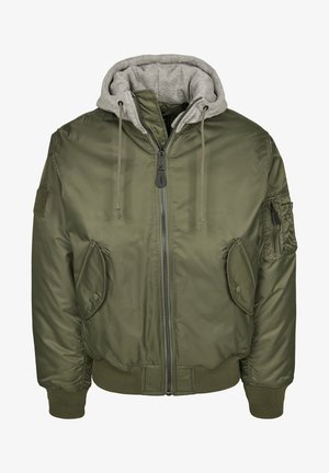 Olive žalia bomber tipo striukė su pilku džemperio pamušalu, užtrauktuku, raštuotais rankogaliais ir apatine dalimi, bei keliais priekiniais kišenėmis.