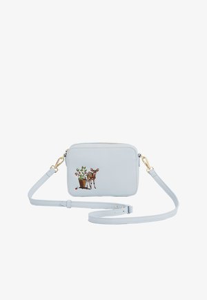 Lyseblå crossbody-taske med aftagelig rem, med broderet rådyretføl og potteplante på fronten.