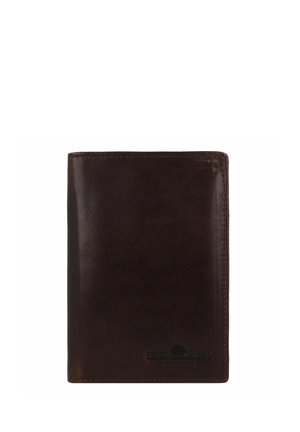 Brown leather wallet with a smooth texture, bi-fold design, and embossed logo, featuring a classic rectangular shape and minimal stitching.