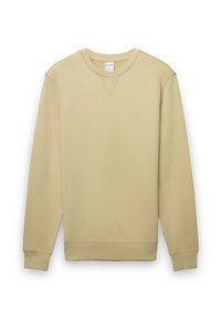 Felpa beige con maniche lunghe, scollo e polsini a costine. Presenta una cucitura a forma di V sul colletto, realizzata in tessuto morbido e strutturato.