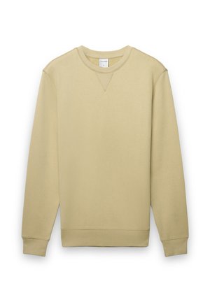 Beige Sweatshirt mit langen Ärmeln, geripptem Rundhalsausschnitt und Bündchen. Verfügt über eine V-förmige Naht am Kragen, hergestellt aus weichem, strukturiertem Stoff.