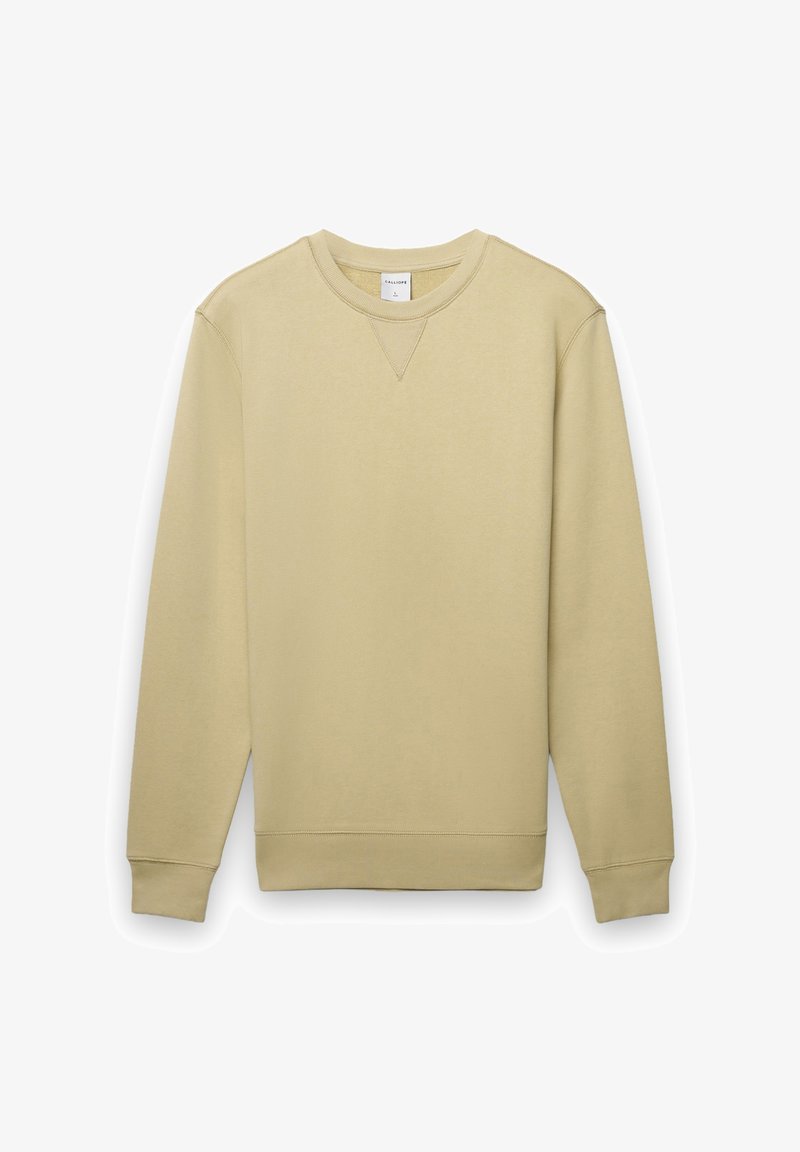 Felpa beige con maniche lunghe, scollo e polsini a costine. Presenta una cucitura a forma di V sul colletto, realizzata in tessuto morbido e strutturato.