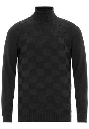 Schwarzer Rollkragenpullover mit einem strukturierten Schachbrettmuster auf der Vorderseite, mit gerippten Bündchen und Halsausschnitt. Weiches Strickgewebe.
