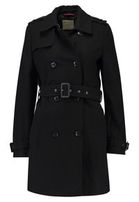 Zwarte double-breasted trenchcoat met een riem, gemaakt van een wolmix stof. Bevat schouderepauletten en knoopmanchetten. Gevoerd interieur.