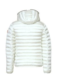 Giacca bianca imbottita con cappuccio, caratterizzata da un design trapuntato e una texture liscia. Include un logo arancione sulla manica sinistra.
