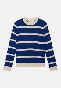 Maglione a righe blu e crema realizzato in tessuto lavorato a maglia, con scollatura rotonda e polsini e orlo a costine. Piccolo logo sul petto.