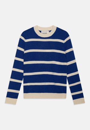 Maglione a righe blu e crema realizzato in tessuto lavorato a maglia, con scollatura rotonda e polsini e orlo a costine. Piccolo logo sul petto.