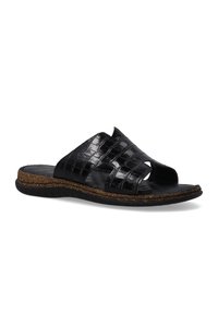 Zwarte leren slippers met een gestructureerd, krokodillenpatroon, open teen ontwerp en een met kurk beklede zool voor comfort. Plat rubberen loopzool.
