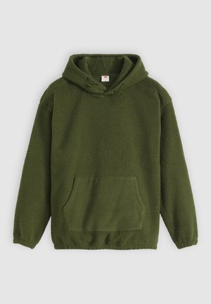 Green, fleece hoodie with a textured surface, front pocket, and adjustable hood. Features a small logo on the chest.