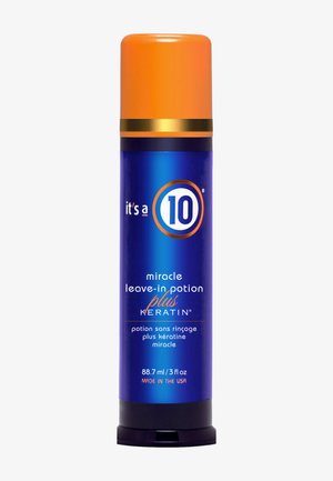 Blaue und orangefarbene Flasche der "It's a 10" Miracle Leave-In Haarpotion mit Keratin, 88,7 ml, hergestellt in den USA.