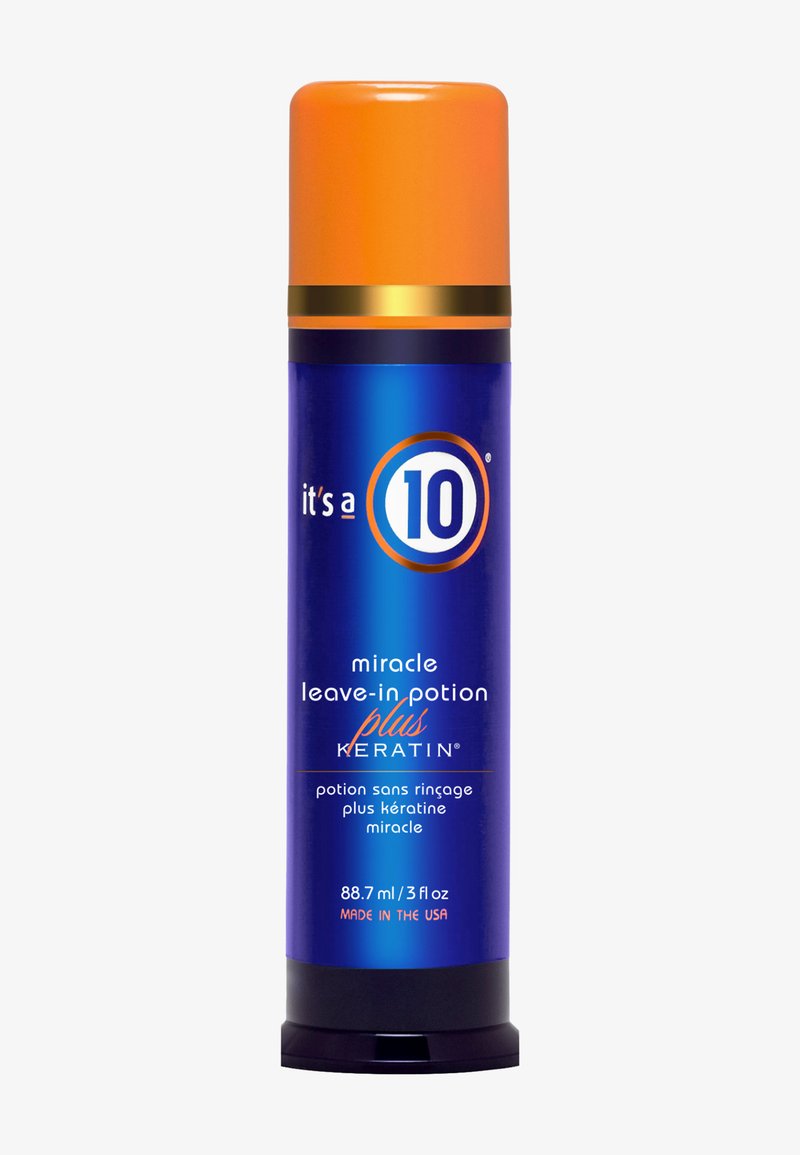 Bouteille bleue et orange de potion miracle sans rinçage pour cheveux "It's a 10" avec kératine, 88,7 ml, fabriquée aux États-Unis.
