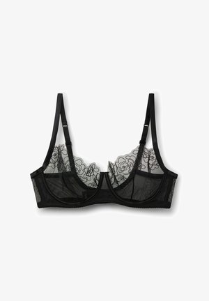 Schwarzer transparenter Spitzen-BH mit Blumenstickerei, verstellbaren Trägern, Bügelcups und einem Haken- und Ösenverschluss am Rücken.