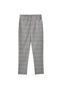 Pantalon gris à coupe slim avec un motif à carreaux comportant de fines lignes blanches et beige, fermeture par bouton et passants pour ceinture.