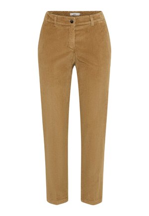 Corduroy pants in light brown, featuring a straight leg design, front pockets, a button closure, and vertical ribbed texture.