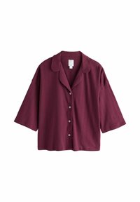 Camicia button-up corta bordeaux con colletto, realizzata in tessuto testurizzato con linee orizzontali visibili e cinque bottoni sul davanti.