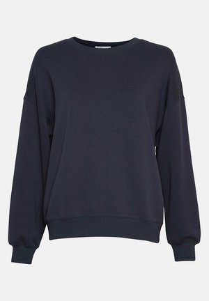 Dunkelmarineblauer Sweatshirt mit langen Ärmeln, Rundhalsausschnitt, lockerem Schnitt und gerippten Bündchen und Saum vor einfarbigem Hintergrund.