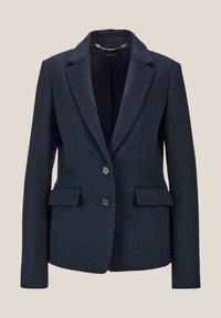 Marineblazer aus strukturiertem Stoff, mit einem Reverskragen, zwei vorderen Taschen und zwei Knöpfen auf der Vorderseite.