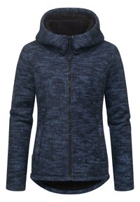 Blue fleeced jacket with a zip closure and a large, soft hood. Features a textured fabric with a dark interior lining and a rounded hem.