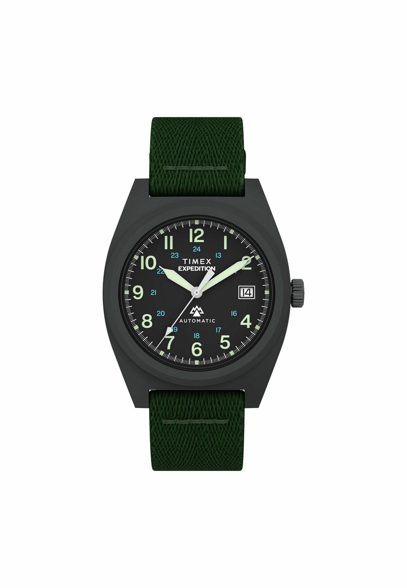 Ceas Timex Expedition cu cadran negru, ace luminescente verzi, fereastră pentru dată la ora 3, și curea din țesătură verde închis.