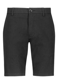Pantaloni corti neri realizzati in tessuto leggero. Presentano una chiusura frontale con bottone, passanti per cintura e un taglio dritto con bordi orlati.