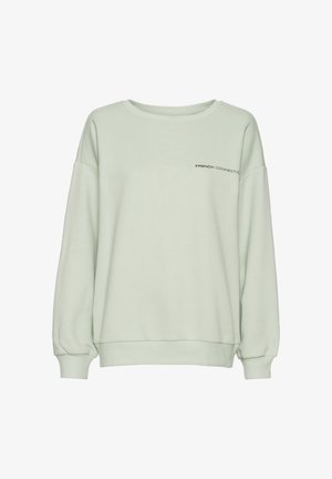 Hellgrüner Sweatshirt mit langen Ärmeln, rundem Halsausschnitt und gerippten Bündchen; besitzt ein kleines schwarzes "FRENCH CONNECTION"-Logo auf der Vorderseite.