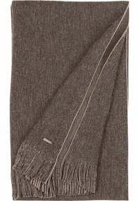 Coperta in maglia marrone con un motivo testurizzato, caratterizzata da bordi frangianti e una piccola etichetta metallica. Materiale morbido per calore e comfort.