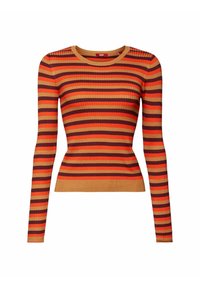 Pull ajusté à manches longues côtelé avec des rayures horizontales orange, marron et beige, doté d'un col rond.