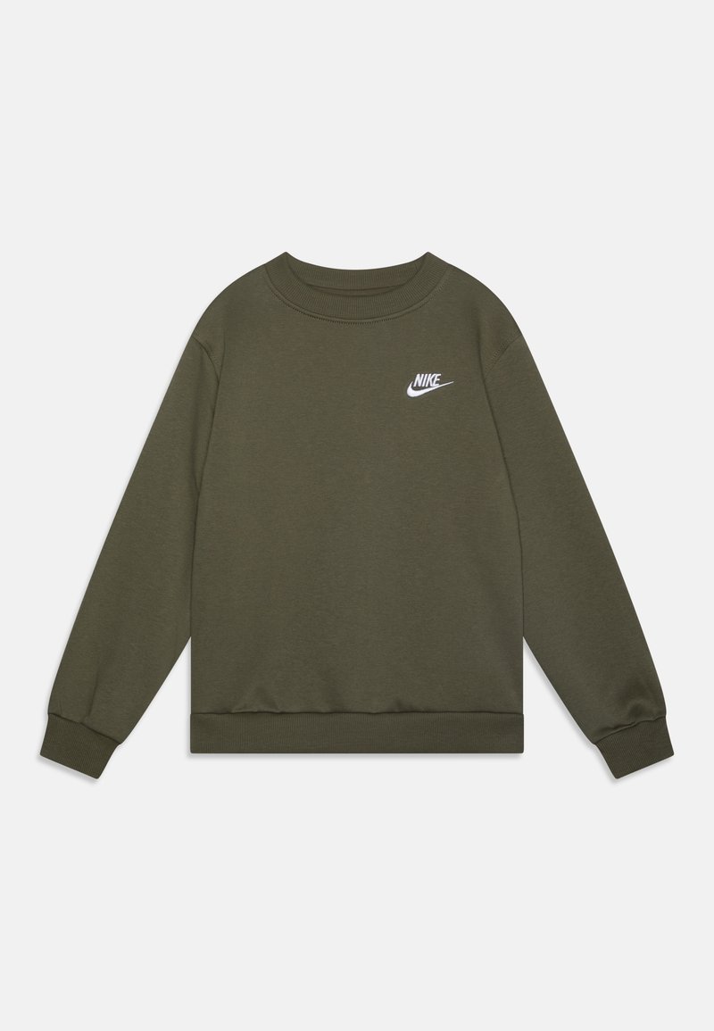 Sweat-shirt Nike manches longues vert olive avec col rond et logo Nike blanc sur la poitrine gauche.