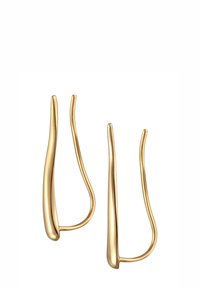 Goldene Ohrringe mit einem fließenden, länglichen Design, das eine minimalistische Form und eine glatte Textur aufweist, und die eine polierte Metallic-Oberfläche präsentieren.