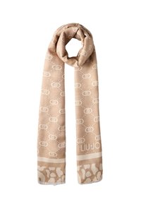 Beige Schal mit sich wiederholendem Logo-Muster, weicher Textur, fransigen Enden und einem breiteren Band mit einem kontrastierenden Design am unteren Ende.