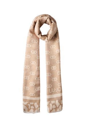 Beige Schal mit sich wiederholendem Logo-Muster, weicher Textur, fransigen Enden und einem breiteren Band mit einem kontrastierenden Design am unteren Ende.