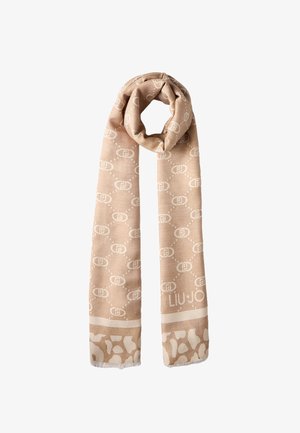 Sciarpa beige con un motivo a logo ripetuto, texture morbida, estremità frangianti e una fascia più larga con un design contrastante in basso.
