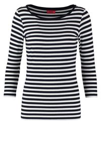 Gestreiftes Langarmoberteil mit navyblauen und weißen horizontalen Streifen, rundem Ausschnitt und taillierter Form. Der Stoff wirkt glatt und leicht.