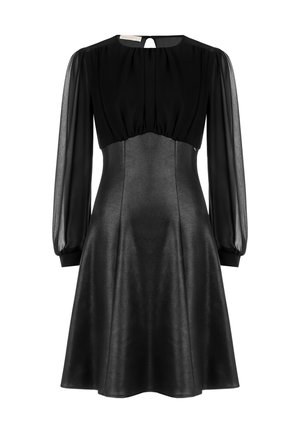 Schwarzes Kleid mit langen transparenten Ärmeln, Rundhalsausschnitt und Schlüsselloch-Rücken. Das taillierte Oberteil geht in einen schwingenden, glatten Rock über.